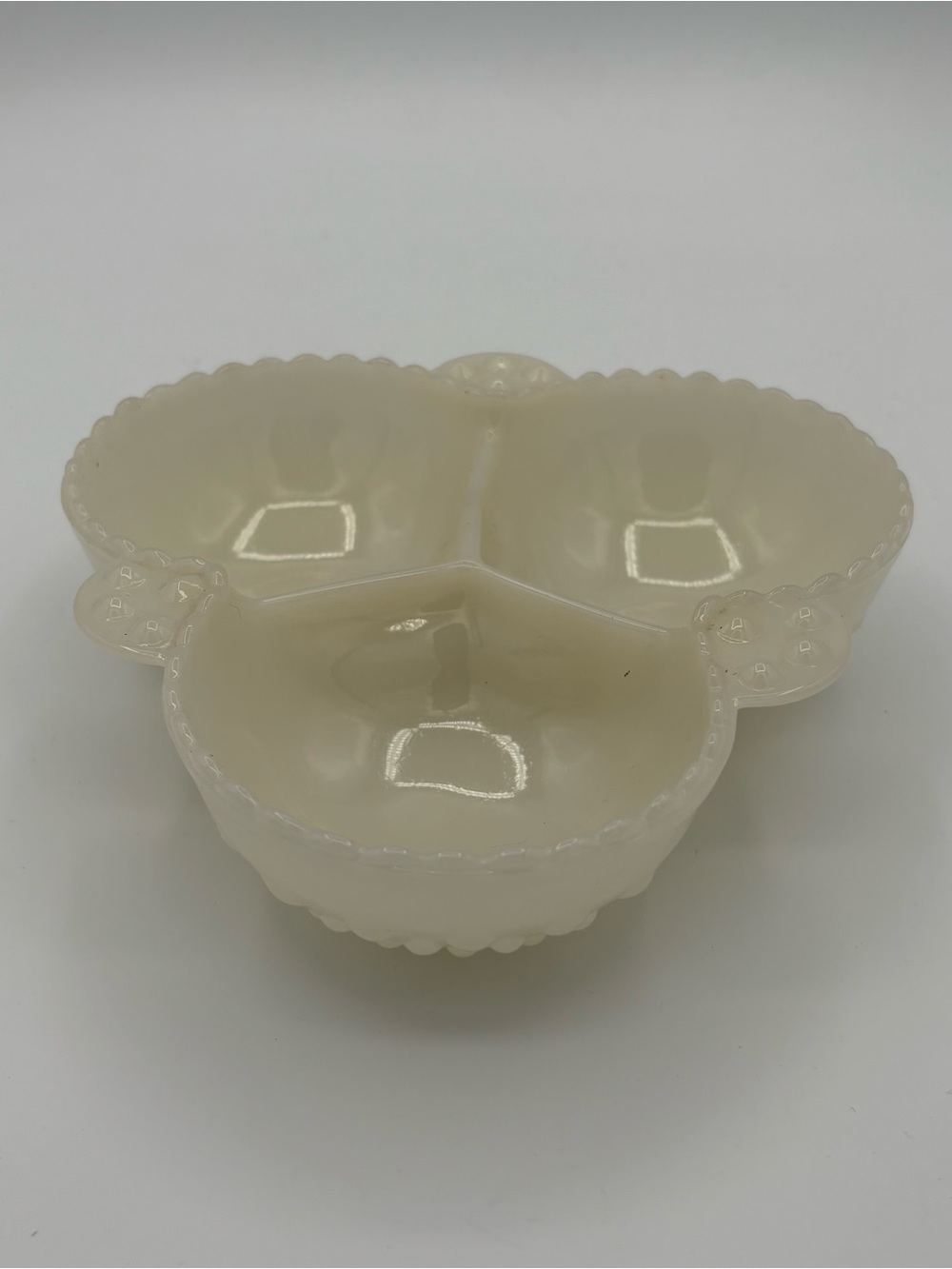 MCM HAZEL-ATLAS 3-SECTION MILK GLASS OPALESCENT CANDY SNACK RELISH DISH BOWL